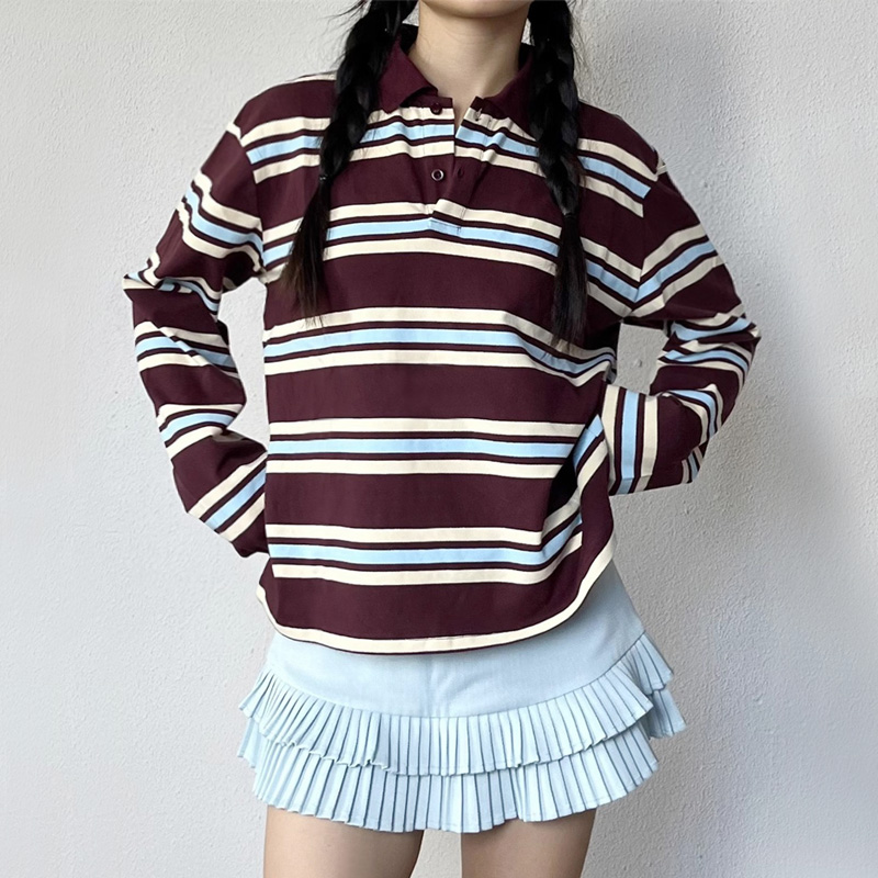 Women'S Fashion Rugby Top - قميص بولو الرجبي المريح المخطط للسيدات