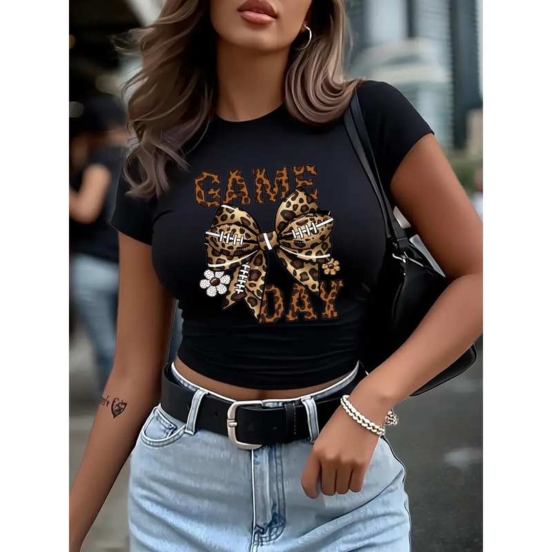 Women'S Fashion Rugby Top - بلوزة نسائية عصرية بأكمام قصيرة ونقشة